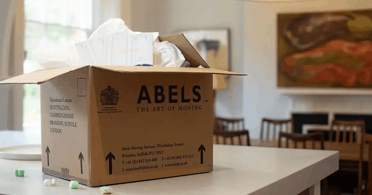 A box with Abels packaging, which is used as part of their specialist packing services when someone moves house.