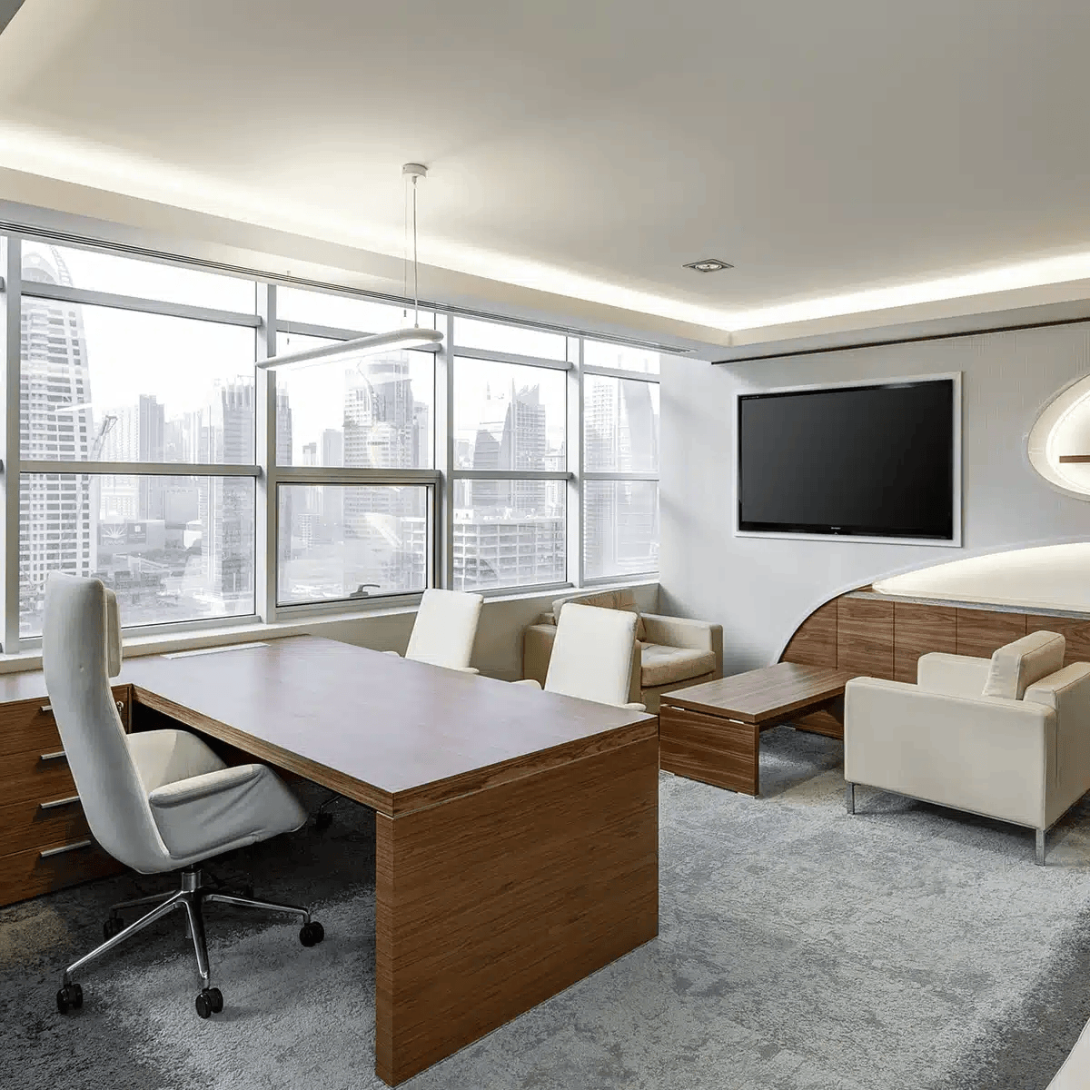 An office with furniture which has been relocated from the UK to an international location through specialist services.