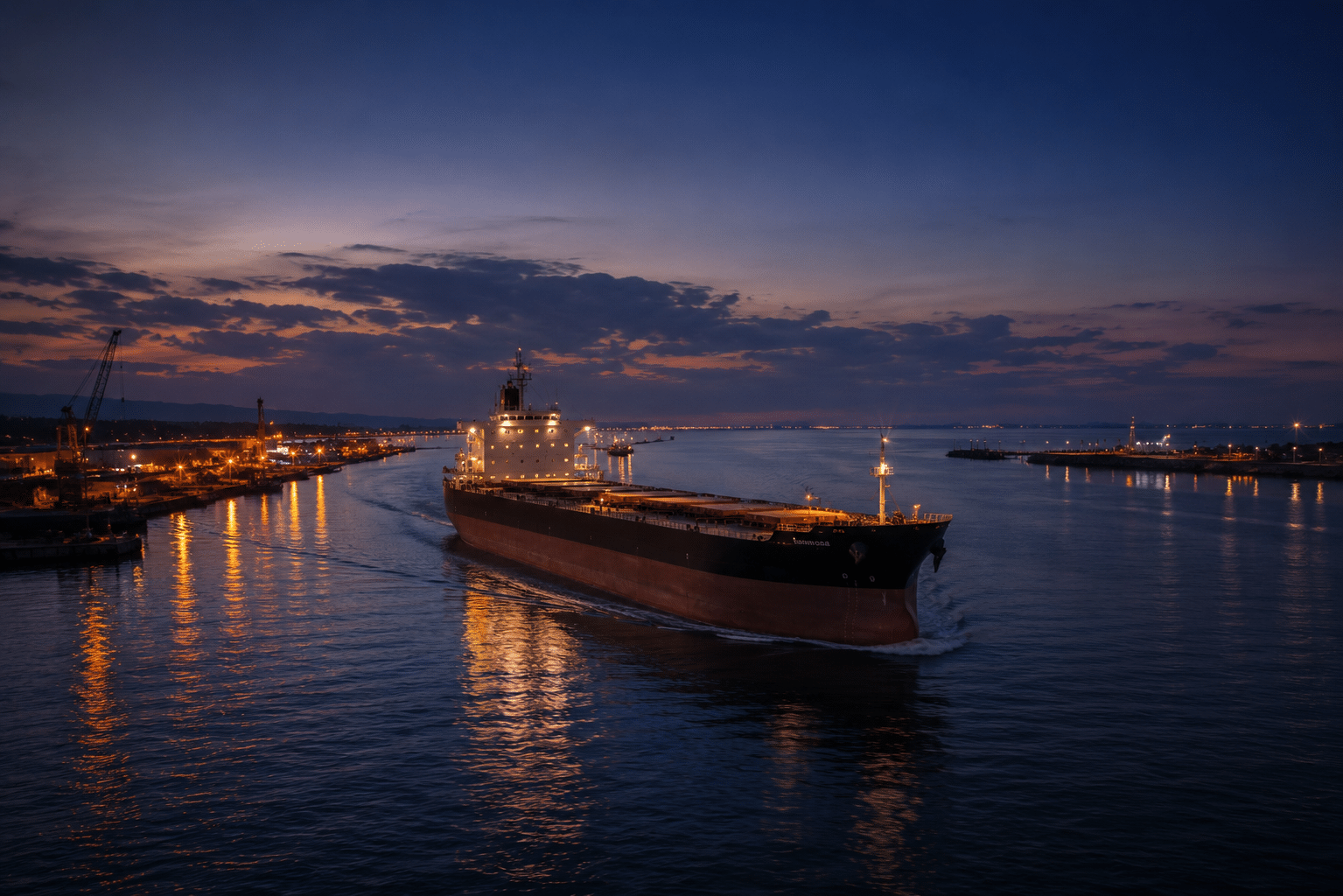 Cargo ship departing harbour at dusk, illustrating international shipping transit times for overseas moves